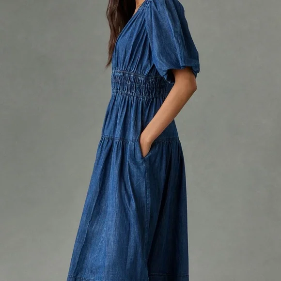 Pilcro puff sleeve V-Neck Denim Midi Dress with Smocked Waist M - Picture 4 of 13